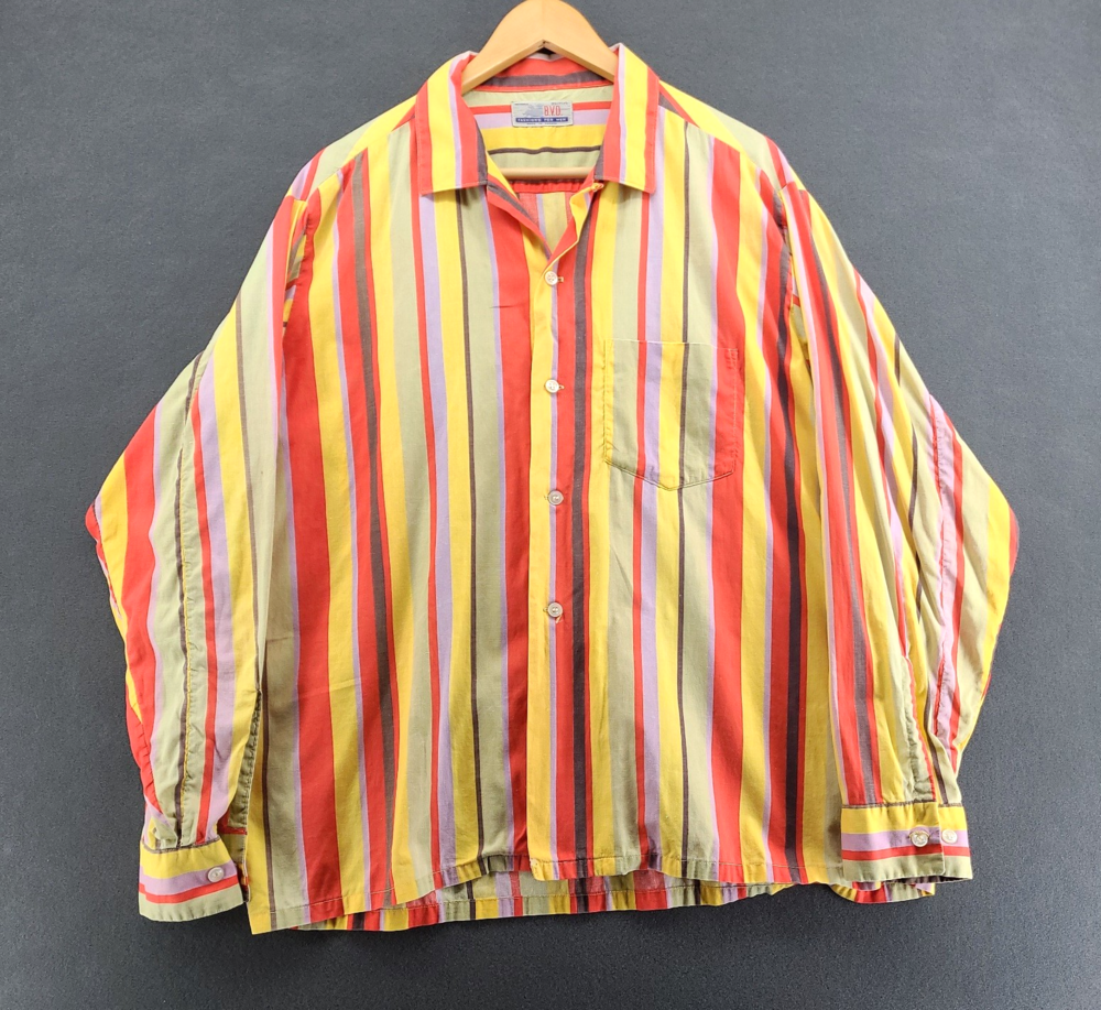 VTG BVD Shirt Mens OS 17 17.5 XL 60s Striped Loop Collar Camp Rockabilly Canada